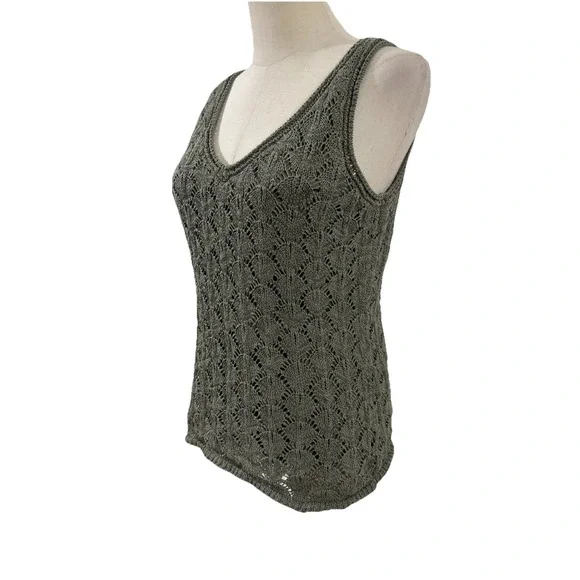 White House Black Market Olive Green Crochet Tank Top Sz M Boho Basic Layer - Picture 4 of 8